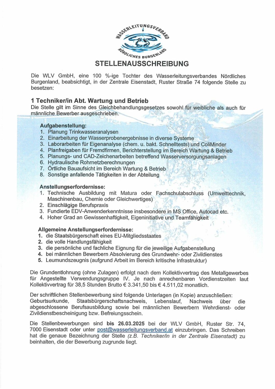 Stellenausschreibung des Wasserleitungsverbandes